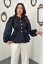 Women's Navy Blue Cotton Blouse with Elastic Cuffs and Puffed Sleeves - 2