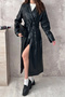 Women's Black Long Leather Trench Coat - 4