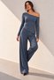 A blouse with an asymmetrical neckline, long sleeves, and an open shoulder. Elastic-waist long pants. - 2