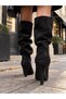 Women's Black Suede Drawstring Heeled Boots - 3