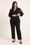 Women's Plus Size Pleated Gold-Buttoned Chiffon-Sleeve Crepe Crepe Top and Bottom Set with Pants, Black 032K - 4