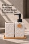 Eva 350 ml Porcelain Liquid Soap Dispenser and Toothbrush Holder with a Natural Stone Look and Bamboo Tray, Cream Color
