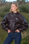 Zippered Stand Collar Pleated Faux Leather Jacket - 2