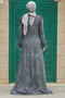 Silvery Anthracite Hijab Evening Dress 2323Ant - 4