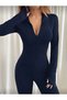 Navy Premium - Trending Colors: Zipper-Front Top and High-Leg Flared Leggings Set - 3