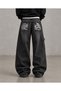 Baggy Black Washed Denim Pants with Pocket Embroidery and Side Strap Detail, Y2K Style. - 2