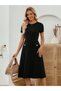 Women's Short Sleeve Crew Neck Midi Imported Crepe Dress with Pocket Detail