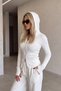 Women's White Double-Sided Zippered Hooded Ribbed Cardigan with Finger-Loop Detail