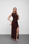 Brown Gathered Dress with Buckle Detail and Slit - 3