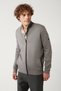 Men's Gray Stand Collar Leather Detailed Zippered Viscose Knitwear Regular Fit Cardigan B005022