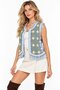 Blue Women's Crew Neck Denim Crop Vest with Chain Embroidery & Fringes - 3