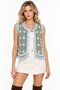 Blue Women's Crew Neck Denim Crop Vest with Chain Embroidery & Fringes