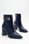 Women's Custom-Designed Buckle Detail Zip-Up Pointed-Toe Mid-Heel Navy Patent Leather Boots - 2