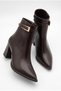 Women's Special Design Buckle Detailed Zippered Pointed Toe Mid-Heeled Bitter Brown Boots - 7