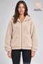 Women's Beige Oversize Hooded Plush Sweatshirt with Zipper and Pockets