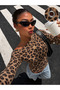 Patterned Women's One-Shoulder Asymmetrical Collar Draped Long Sleeve Blouse with Metal Accessories - 3