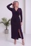 Women's Wrap-Neck Sequined Midi Length Slit Dress with Accessories, Black, Brown, Purple.