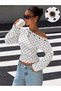 Patterned Women's One-Shoulder Asymmetrical Collar Draped Long Sleeve Blouse with Metal Accessories