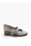 Women's Thick Short Heeled Evening Dress Shoes with Stone Heel and Metal Detail