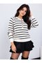 Women's White Striped Crew Neck Buttoned Long Sleeve Knitwear Sweater - 3