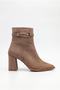 Women's Special Design Buckle Detailed Zippered Pointed Toe Medium Heeled Mink Suede Boots
