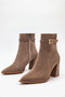 Women's Special Design Buckle Detailed Zippered Pointed Toe Medium Heeled Mink Suede Boots - 2