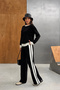 Women's Black Stylish Stripe Detailed Crew Neck Sweater Wide Leg Pants Bottom Top Two-Piece Knitwear Set