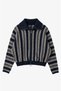 Navy Blue Wide Collar Striped Cardigan - 6