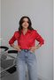 Red Lightly Draped Satin Shirt - 3