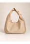 Women's Beige Suede Clutch Bag and Shoulder Bag with Studded Detail and a Zip Detail