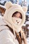 Children's Teddy Bear Ears Plush Beanie Scarf Neck Collar Winter Hooded Face Protector - 3