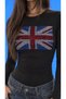Women's Black England Flag Stone Embroidered Long Sleeve Slim Fit Body - 2