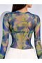 Women's Navy Blue and Green Batik Patterned Elastic Tulle Fabric Long-Sleeved Crew Neck Bodysuit with Snap Buttons at the Bottom. - 6