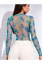 Women's Blue Cloud Batik Patterned Tulle Crew Neck Long Sleeve Snap Button Bodysuit Blouse. - 6