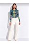 Women's Navy Blue and Green Batik Patterned Elastic Tulle Fabric Long-Sleeved Crew Neck Bodysuit with Snap Buttons at the Bottom. - 4