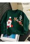 Children's New Year's Printed Green 3-Strand Crew Neck Sweatshirt
