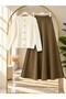 Women's modest detail knit blouse and suede skirt set, khaki. - 2