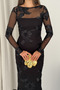 Women's Black Floral Embroidered Backless Long-Sleeved Long Tulle Evening Dress. - 4