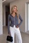 Women's grey double-sided zippered hooded ribbed knit cardigan with thumbholes. - 2
