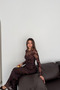Women's Brown Floral Embroidered Backless Long-Sleeved Long Tulle Evening Dress. - 4