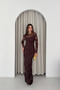 Women's Brown Floral Embroidered Backless Long-Sleeved Long Tulle Evening Dress.