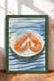 Shrimp on a Plate on a Blue Striped Background, Framed Painting, Italy Poster, Wall Decor, Itp108.