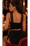 Black Strapless Bustier Crop Top with Stone Details. - 3