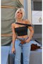 Black Strapless Bustier Crop Top with Stone Details.