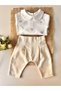 Bee Embroidered Long-Sleeved Bodysuit and Latte-Colored Pants Set - 3