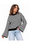 New Season Women's Striped Crew Neck Off-Shoulder Spanish Sleeve Oversized Knit Sweater.