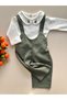 Long-Sleeved Bodysuit with Mini Tree Embroidery Detail on the Collar and Khaki Overall Set.
