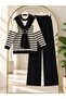 Women's hijab shawl detailed striped knitwear pantsuit black - 2