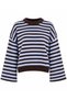 New Season Women's Striped Crew Neck Off-Shoulder Spanish Sleeve Oversized Knit Sweater. - 5
