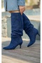 Navy Blue Suede, Ruffled, Thin-Heeled, Knee-High Boot. - 3